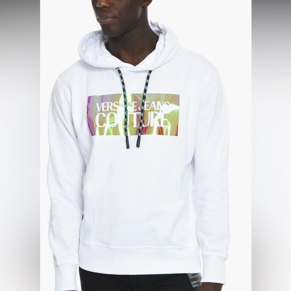 Versace Jeans Collection White Hoodie w Multicolor Holographic Logo Print Large